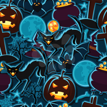 Happy halloween seamless pattern with stickers characters and objects.