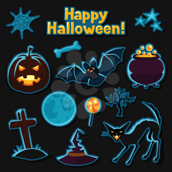 Happy halloween sticker set with characters and objects.