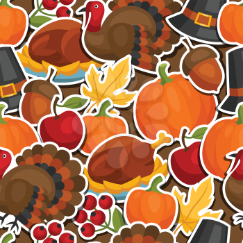 Happy Thanksgiving Day seamless pattern with holiday sticker objects.