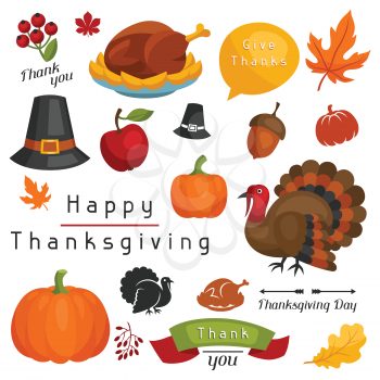 Set of Happy Thanksgiving Day holiday objects and icons.