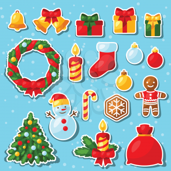 Set of Merry Christmas and Happy New Year sticker icons.