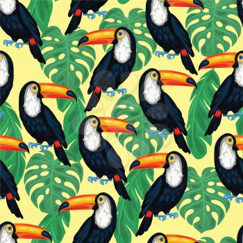 Tropical birds seamless pattern with toucans and palm leaves.