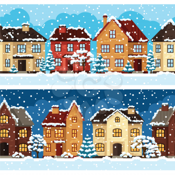 Winter urban landscape pattern with houses and trees.