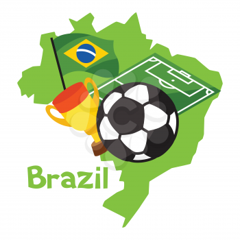 Stylized map of Brazil with soccer ball and flag.