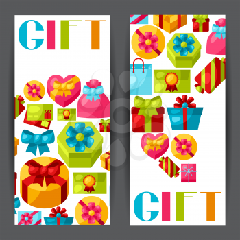 Celebration banners or flayers with colorful gift boxes.