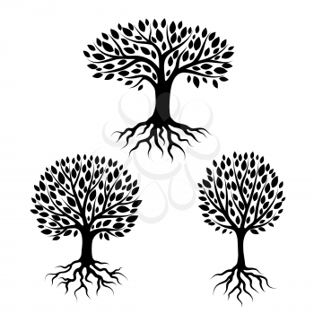 Set of abstract stylized trees with roots and leaves. Natural illustration.