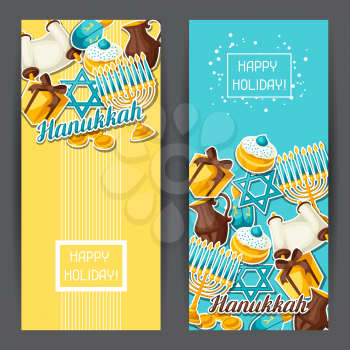 Jewish Hanukkah celebration banners with holiday sticker objects.