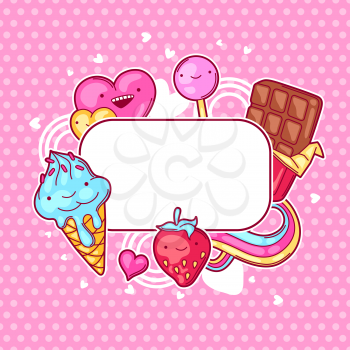 Kawaii frame with sweets and candies. Crazy sweet-stuff in cartoon style.