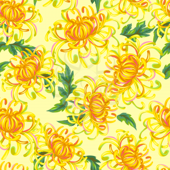Seamless pattern with chrysanthemum flowers. Bright buds and leaves.