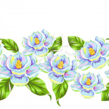 Seamless pattern with magnolia flowers. Bright buds and leaves.