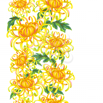 Seamless pattern with chrysanthemum flowers. Bright buds and leaves.