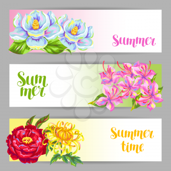 Banners set with China flowers. Bright buds of magnolia, peony, rhododendron and chrysanthemum.