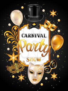 Carnival invitation card with gold masks and decorations. Celebration party background.