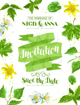 Spring green leaves and flowers. Wedding invitation with plants, twig, buds.