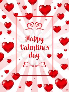 Happy Valentine day greeting card with red realistic hearts.