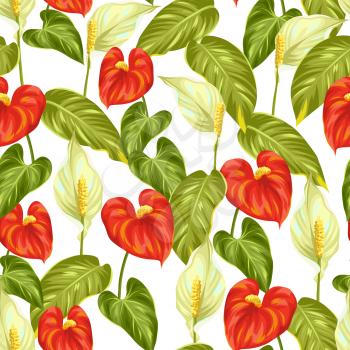 Seamless pattern with flowers spathiphyllum and anthurium.