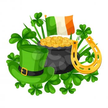 Saint Patricks Day card. Flag Ireland, pot of gold coins, shamrocks, green hat and horseshoe.