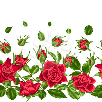 Seamless pattern with red roses. Beautiful realistic flowers, buds and leaves.