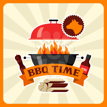 Bbq time card with grill objects and icons.