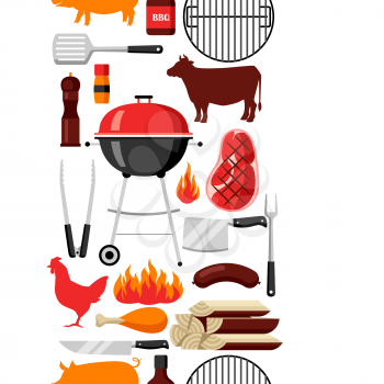 Bbq seamless pattern with grill objects and icons.