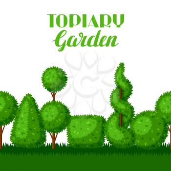 Boxwood topiary garden plants. Seamless border with decorative trees.
