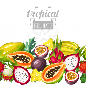 Seamless border with exotic tropical fruits. Illustration of asian plants.