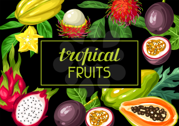 Background with exotic tropical fruits. Illustration of asian plants.