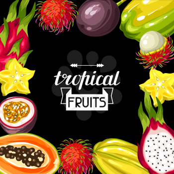 Frame with exotic tropical fruits. Illustration of asian plants.