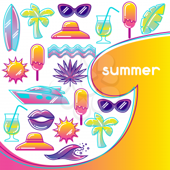 Background with stylized summer objects. Abstract illustration in vibrant color.