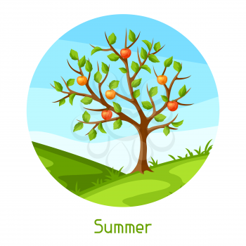 Summer landscape with green tree and apples. Seasonal illustration.