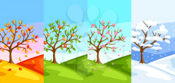 Four seasons. Illustration of tree and landscape in winter, spring, summer, autumn