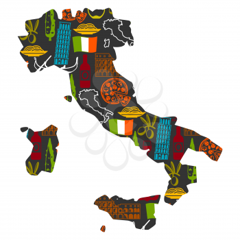 Italy background design in shape of map. Italian symbols and objects.