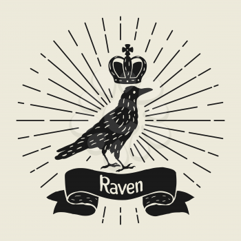 Background with black raven. Hand drawn inky bird and crown.