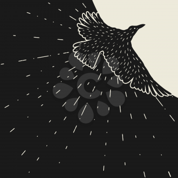 Background with black flying raven. Hand drawn inky bird.