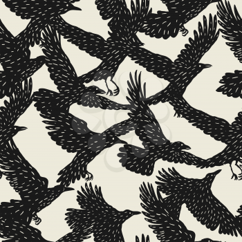 Seamless pattern with black flying ravens. Hand drawn inky birds.