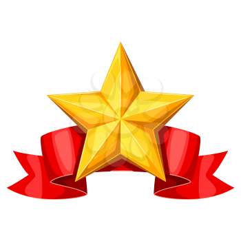Realistic gold star on red ribbon. Illustration of award for sports or corporate competitions.