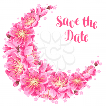 Decoration with sakura or cherry blossom. Save the date. Floral japanese ornament of blooming flowers.