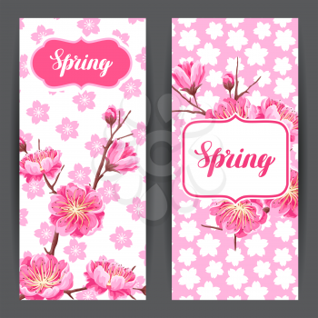 Spring banners with sakura or cherry blossom. Floral japanese ornament of blooming flowers.