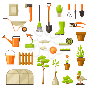 Set of garden tools and items. Season gardening illustration.
