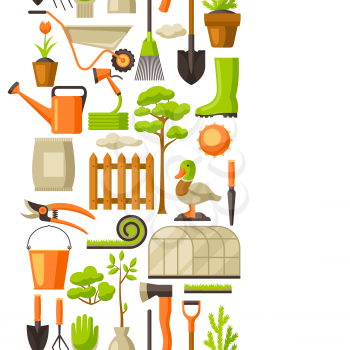 Seamless pattern with garden tools and items. Season gardening illustration.