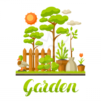 Garden landscape illustration with plants. Season gardening concept.