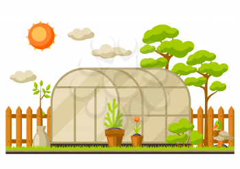 Garden landscape illustration with plants. Season gardening concept.