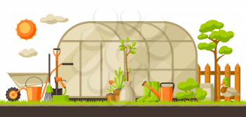 Garden landscape illustration with plants and tools. Season gardening concept.
