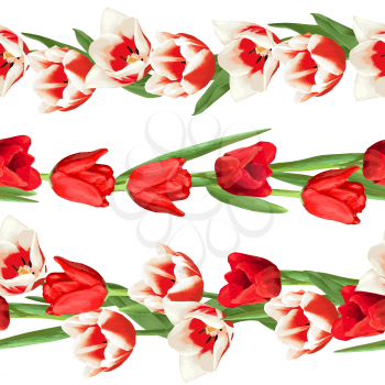 Seamless borders with red and white tulips. Beautiful realistic flowers, buds and leaves.