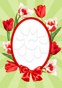 Frame with red and white tulips. Beautiful realistic flowers and buds.