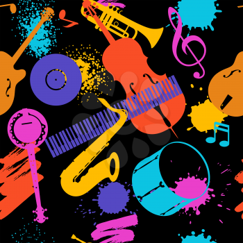 Jazz music seamless pattern with musical instruments.