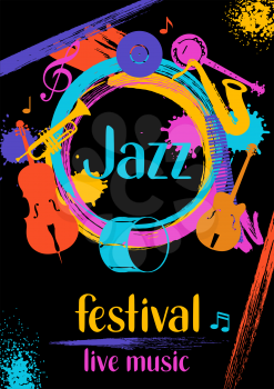 Jazz festival live music retro poster with musical instruments.