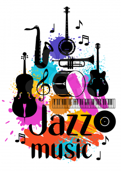 Jazz music grunge poster with musical instruments.