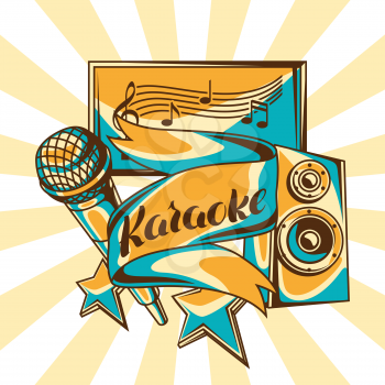 Karaoke party design. Music event background. Illustration with microphone and acoustics in retro style.
