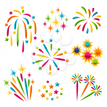 Set of bright colorful fireworks and salute.